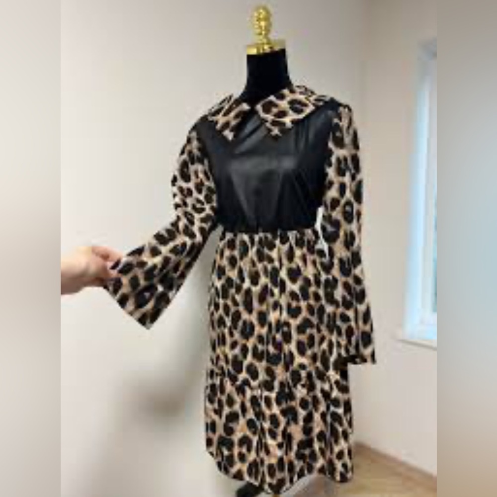Leopard Print Dress with Black Faux Leather - Picture 3 of 4